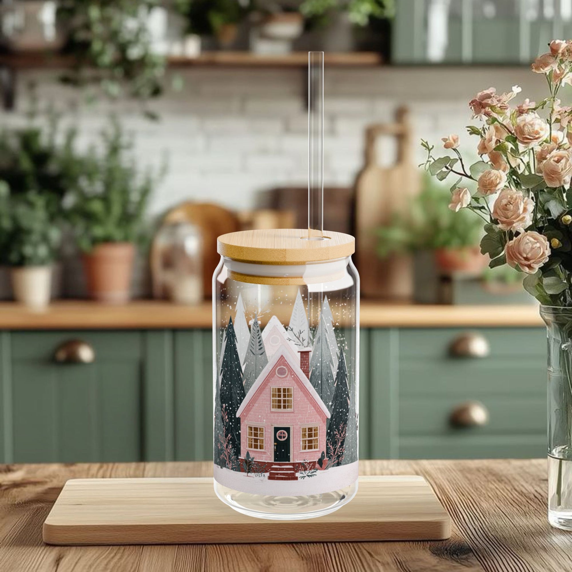 'Pink Holiday House' Glass Sipper